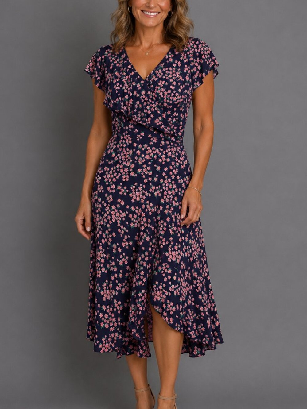 Draper James RSVP XL Navy Pink Floral Wrap Midi Dress Flutter Sleeve Lined